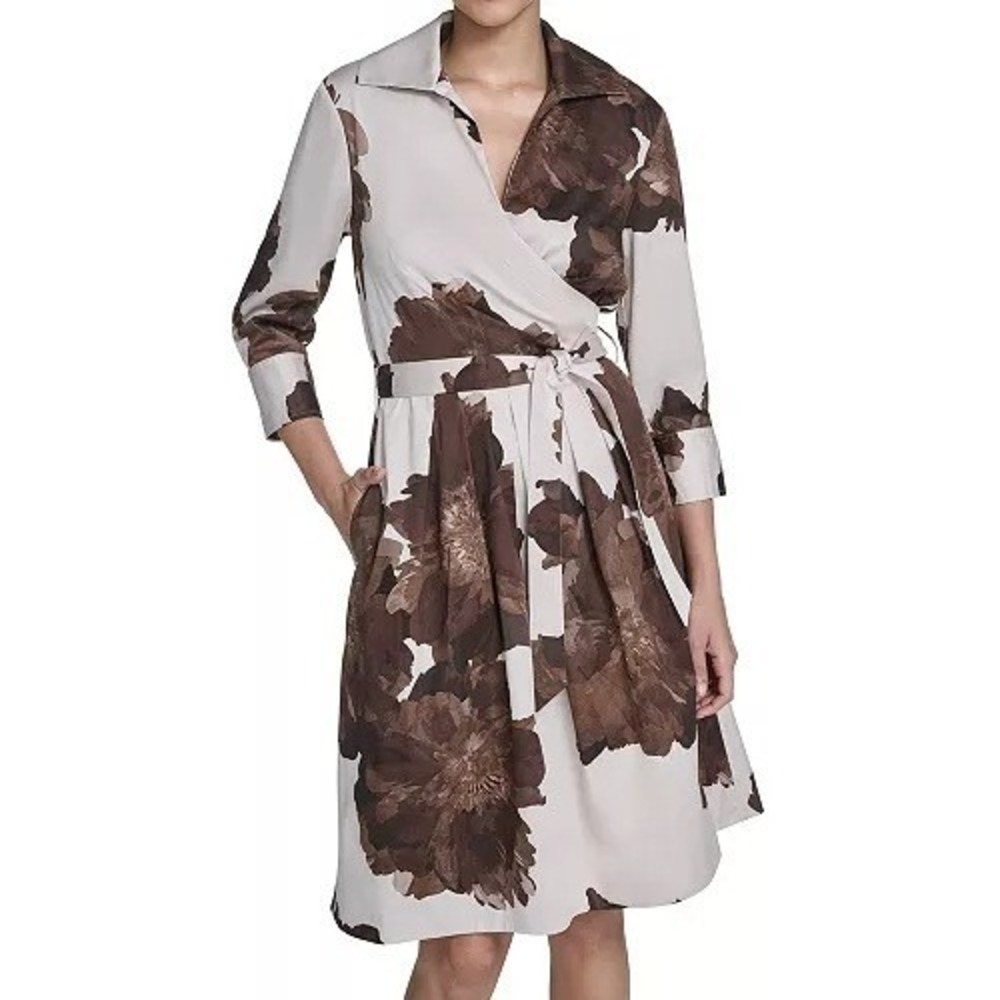 Calvin Klein V Neck Collared Brown 3/4 Sleeve Belted Shirt Dress Womens 2 NWT